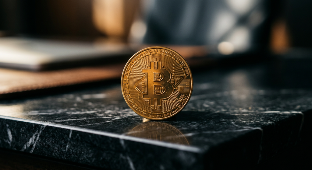 Bitcoin coin on dark marble surface with dramatic lighting