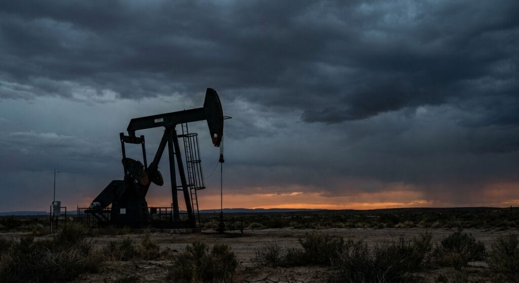 Oil pumpjack against dramatic sky symbolizing crypto market pressure from Iran conflict