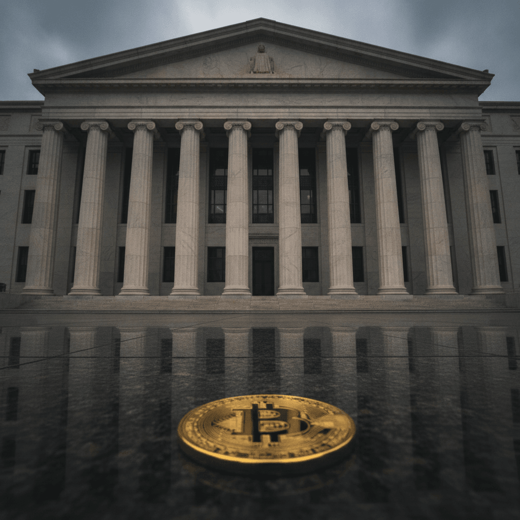 Federal Reserve building with Bitcoin coin, dramatic editorial financial photography